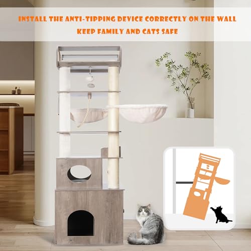 76.8-inch Wooden Cat Tree with Litter Box Enclosure and Scratching Post G229227