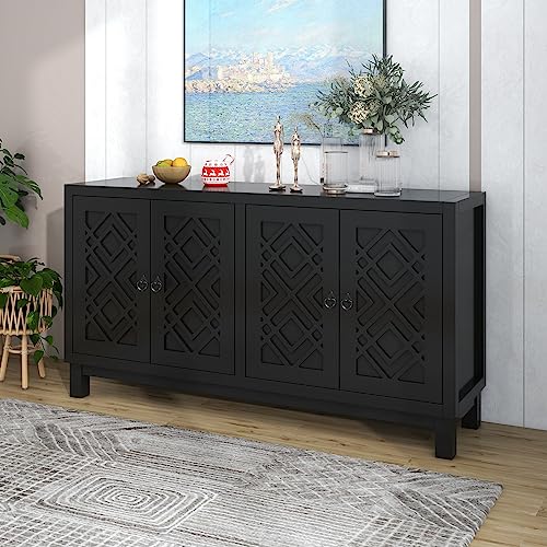 Black Farmhouse Buffet Sideboard with Adjustable Shelves and 4 Doors Wood Cabinet Y982139