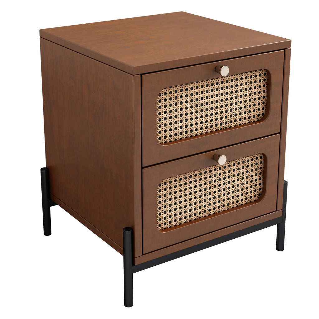 Walnut Rattan Wood 2-Drawer Side Table C290