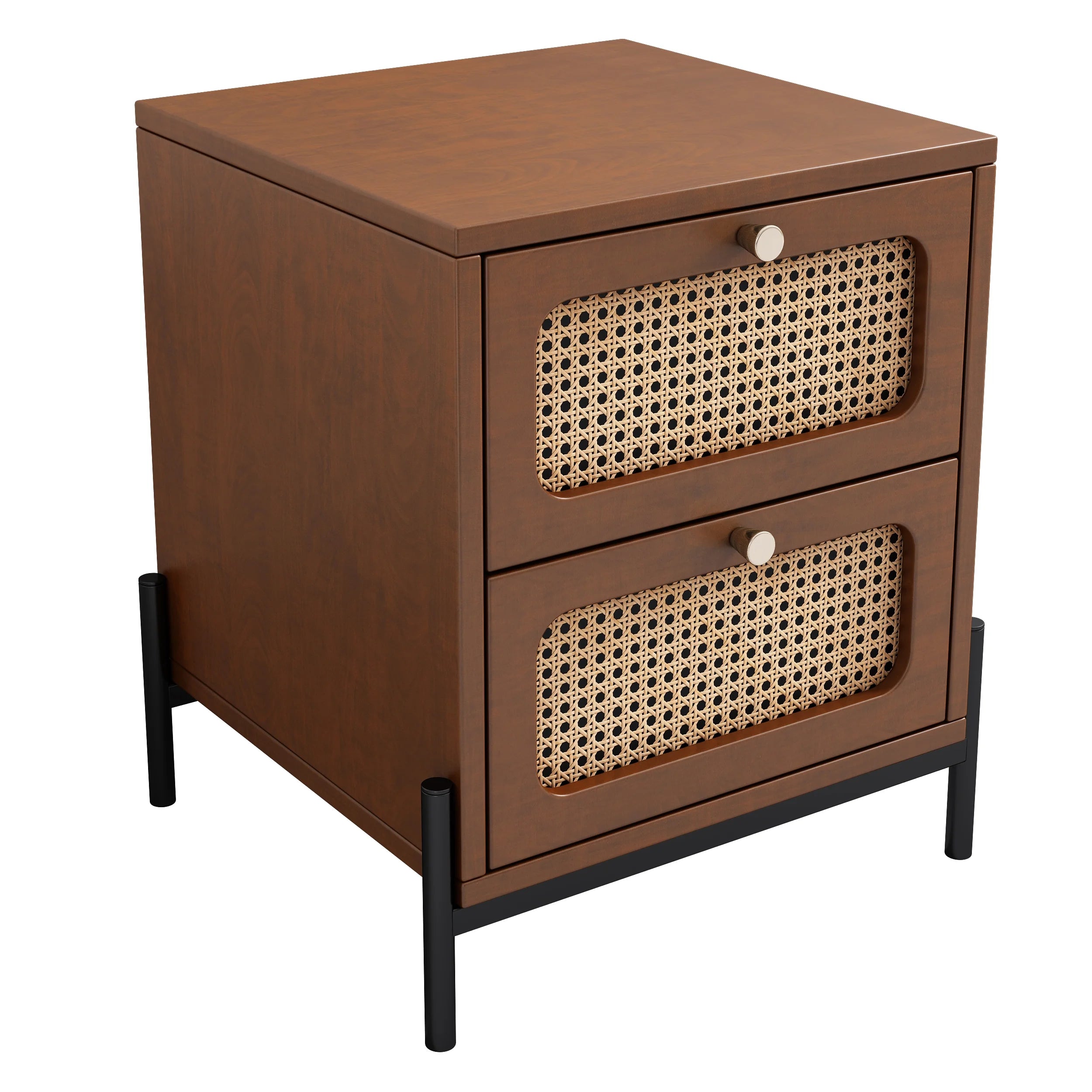 Walnut Rattan Wood 2-Drawer Side Table C290