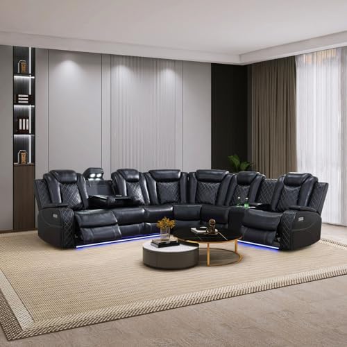 Cream White Leather Power Recliner Sectional Sofa with LED I680
