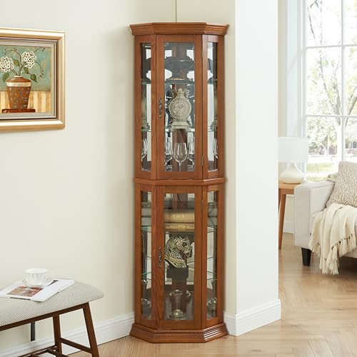 OAK Corner Curio Cabinet with Tempered Glass Door Q6405