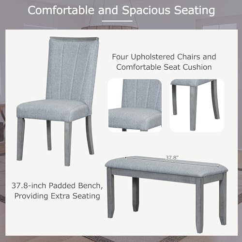 6-piece Dining Table Set of 4 Upholstered Chairs & 1 Bench with 78inch Extendable Pedestal, Beige X9471