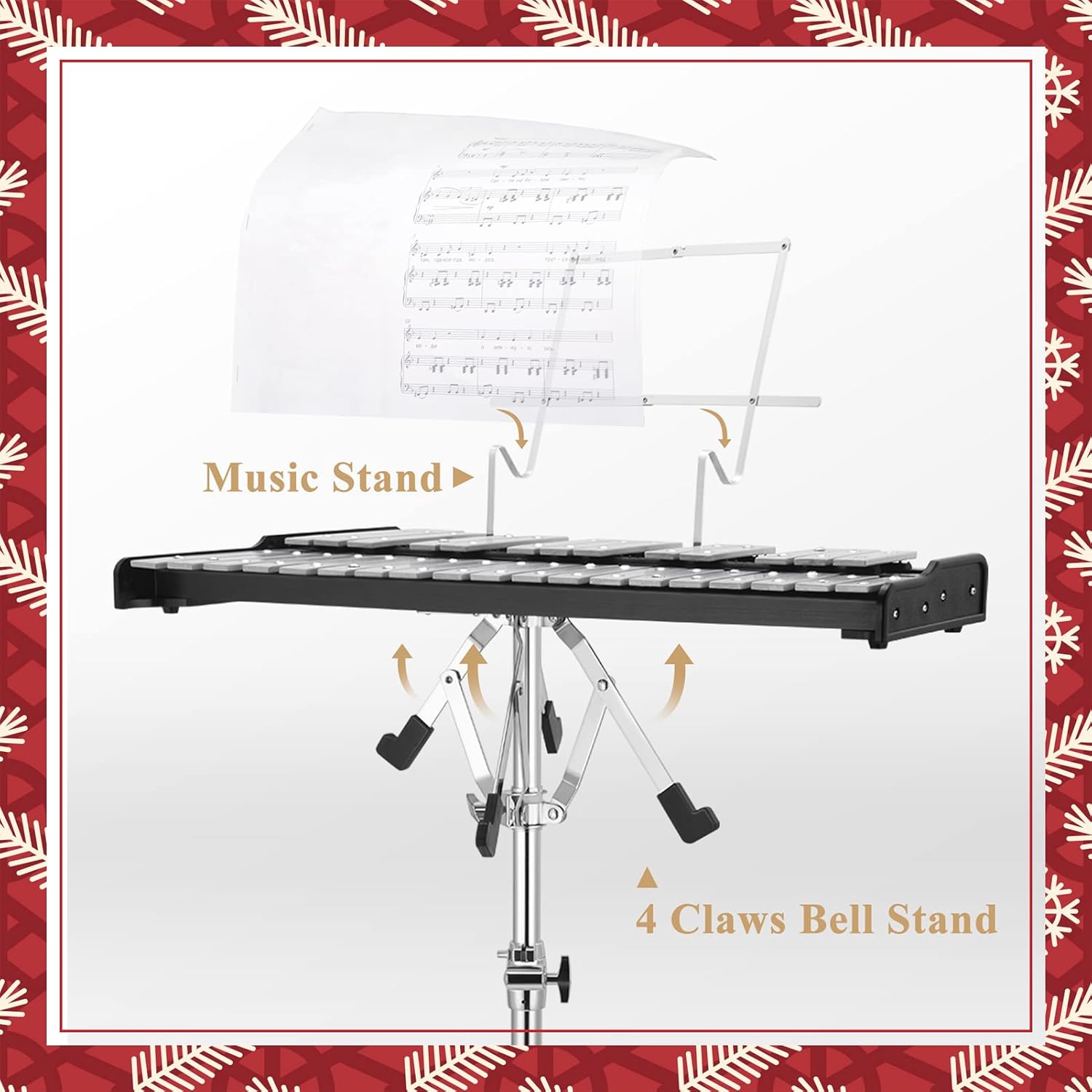 32 Note Glockenspiel Xylophone Bell Kit with 8 Inch Drum Practice Pad, Stand, Carrying Bag O3076