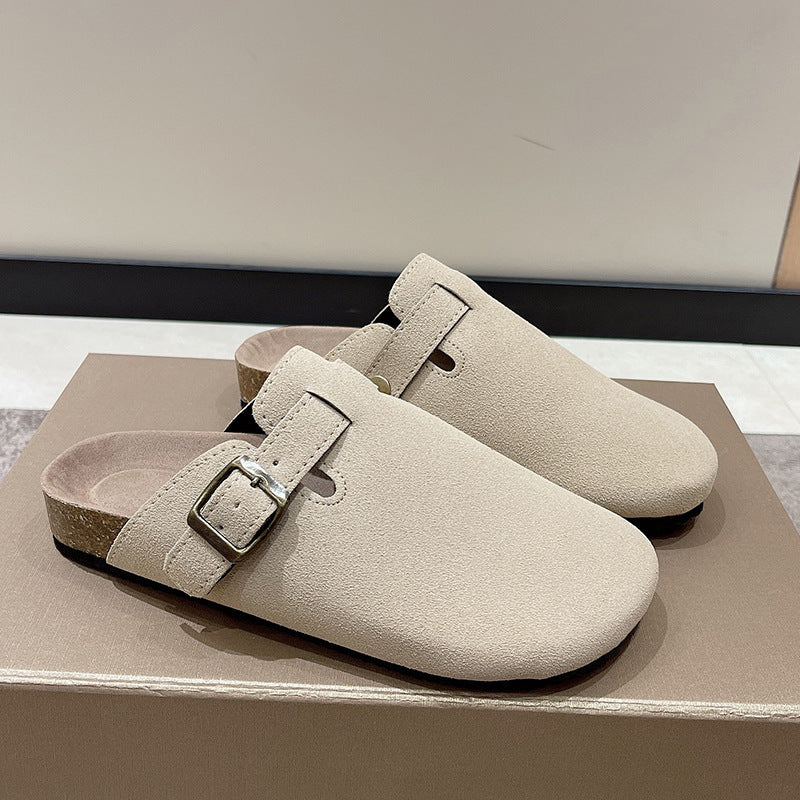 Women's Birkenstock Style Suede Buckle Clogs with Cork Footbed