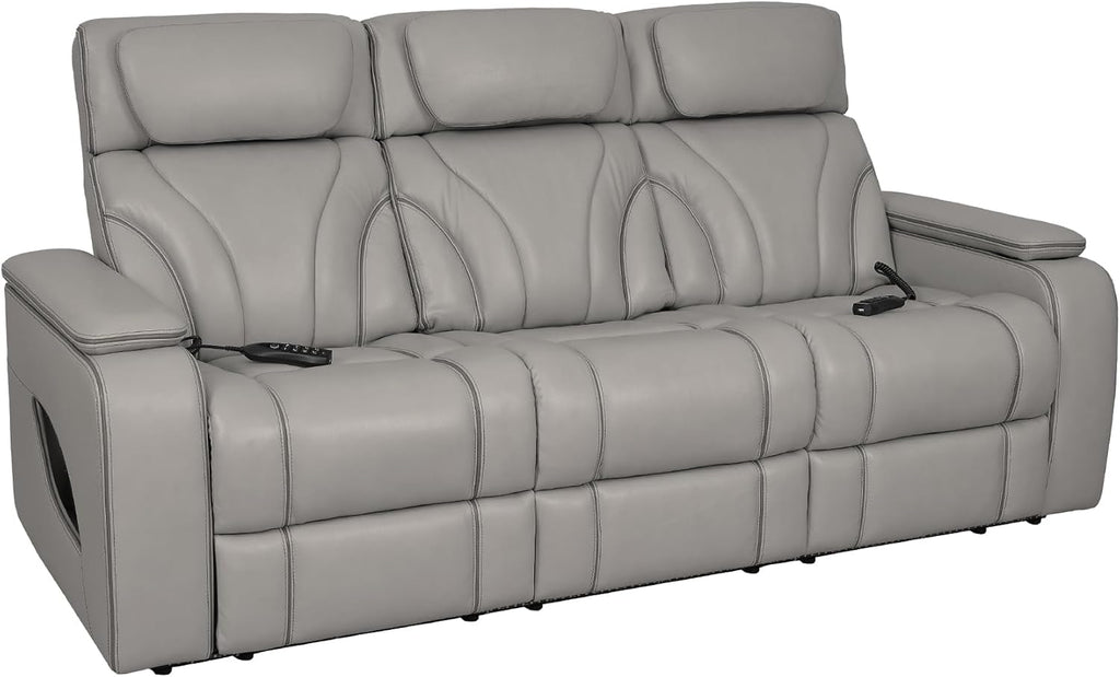 86" Wide Silver Gray Top Grain Leather Power Reclining Heated Massage Sofa S6515