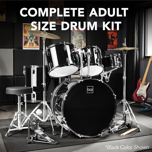 5-Piece Full Size Complete Adult Drum Set with Cymbal Stands, Stool, Drum Pedal, Sticks, Floor Tom - Dark Blue Sparkle C54825