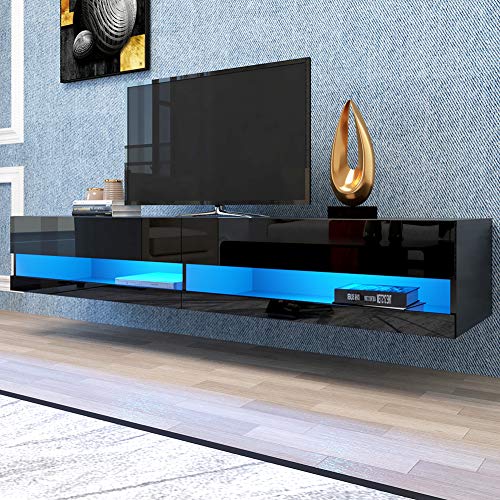 Black Wall Mounted Floating Media Console with LEDs, W 70.9 x D 16.5 x H 11.8 inch Q6375