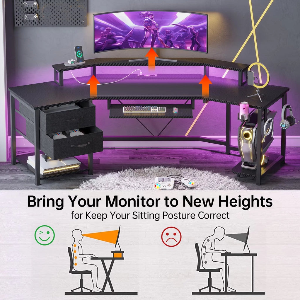 Black L Shaped Gaming Desk with LED Lights, Power Strip, 2 Fabric Drawers, Storage Shelf, Keyboard Tray D138428