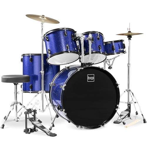 5-Piece Full Size Complete Adult Drum Set with Cymbal Stands, Stool, Drum Pedal, Sticks, Floor Tom - Dark Blue Sparkle C54825