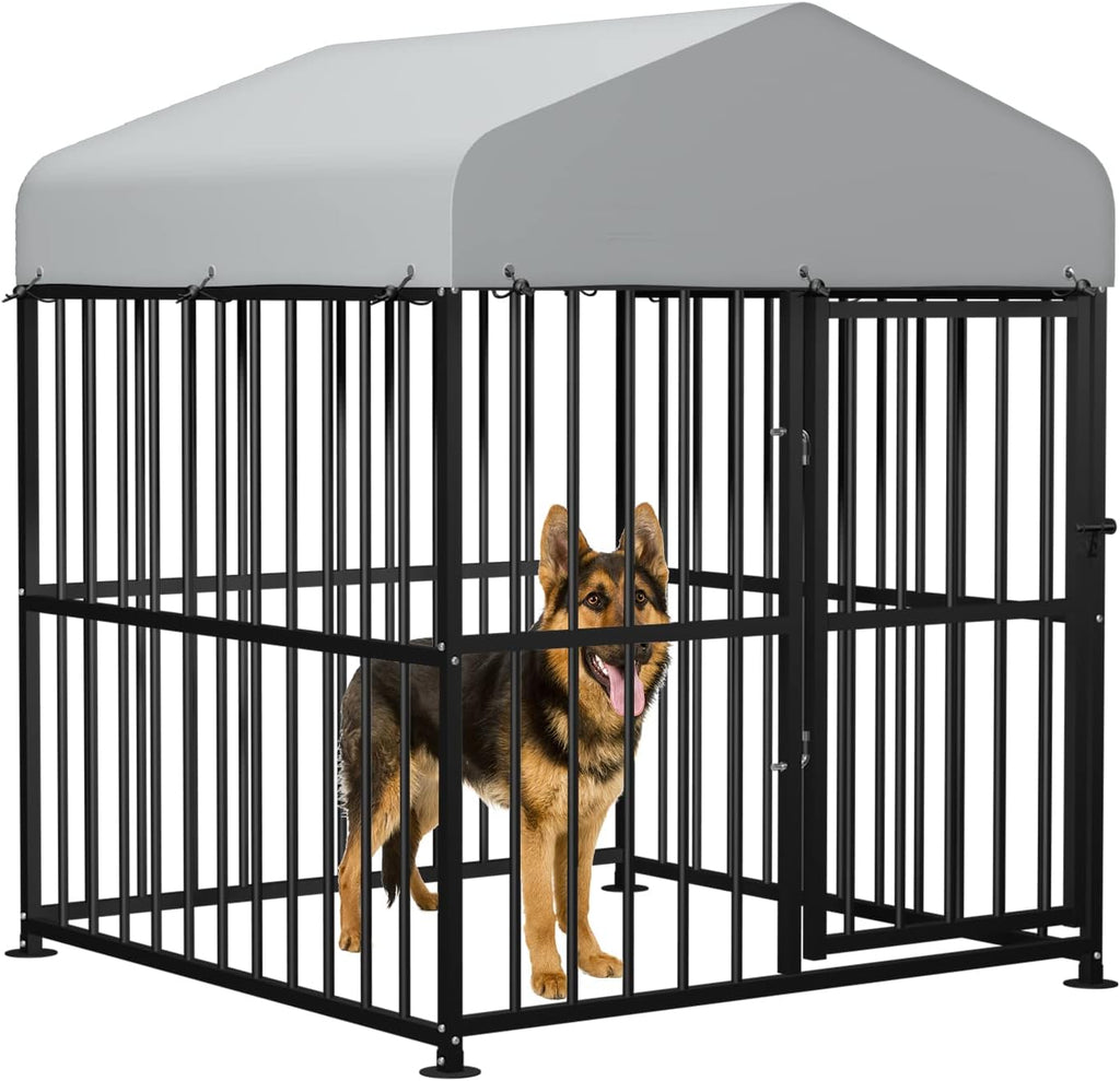Large Outdoor Metal Dog Kennel with Top Cover, 4'L x 4'W x 5'H H577422