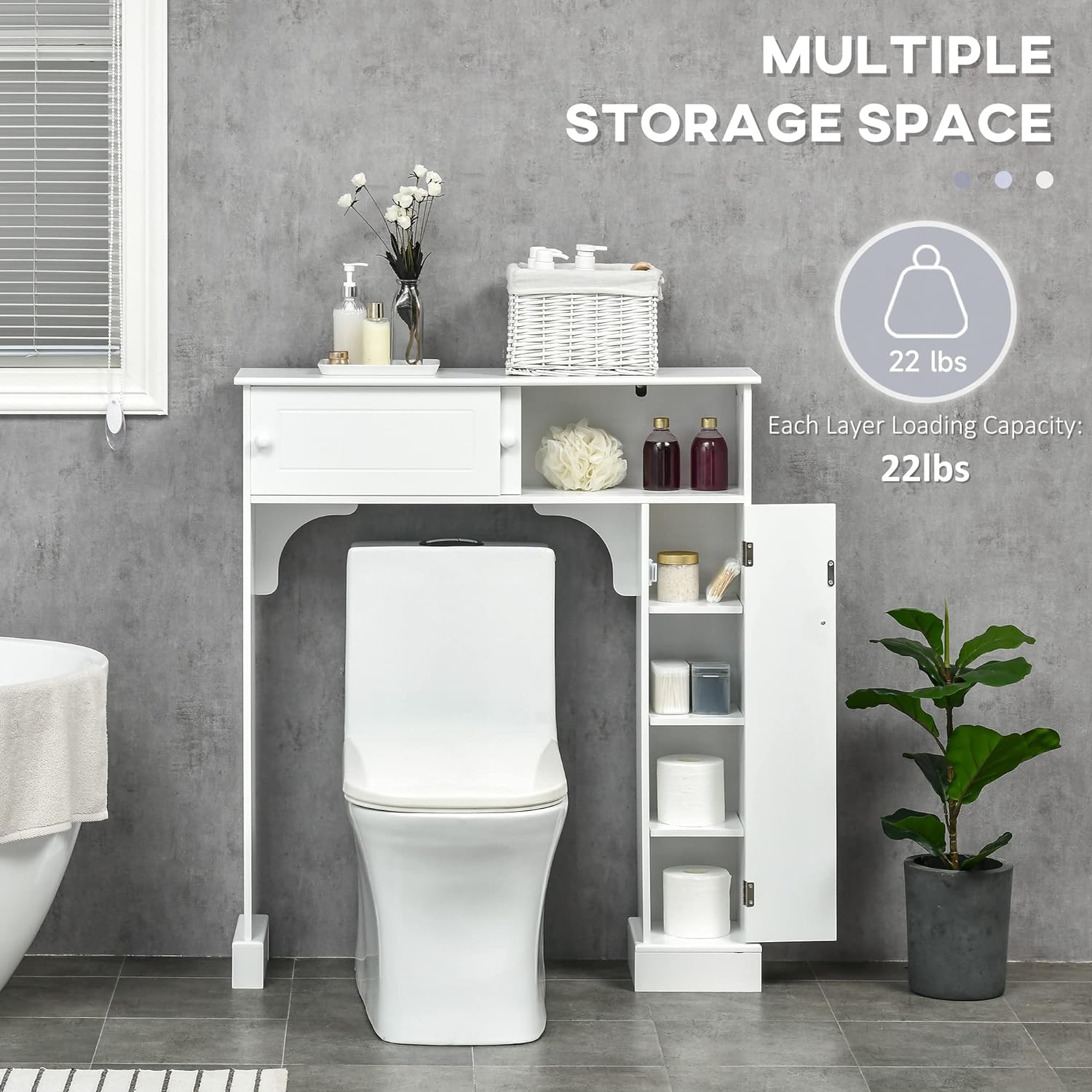 White Freestanding Over The Toilet Bathroom Cabinet with Adjustable Shelves V17073