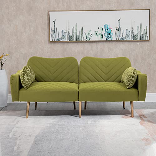 Beige Velvet Convertible Futon Sofa Bed with 2 Pillows Q4414