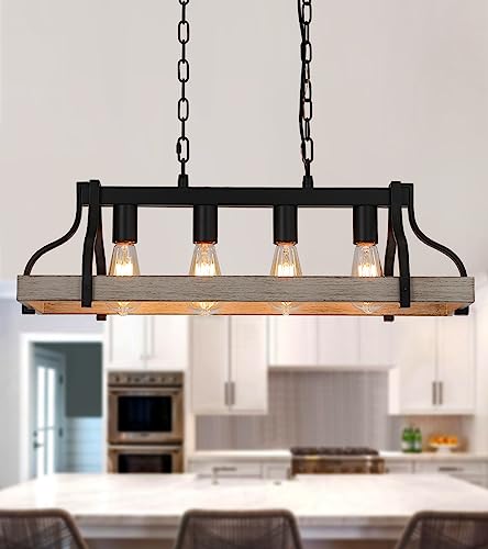Black and Retro Wood Finish 4-Light Linear Chandelier B39300