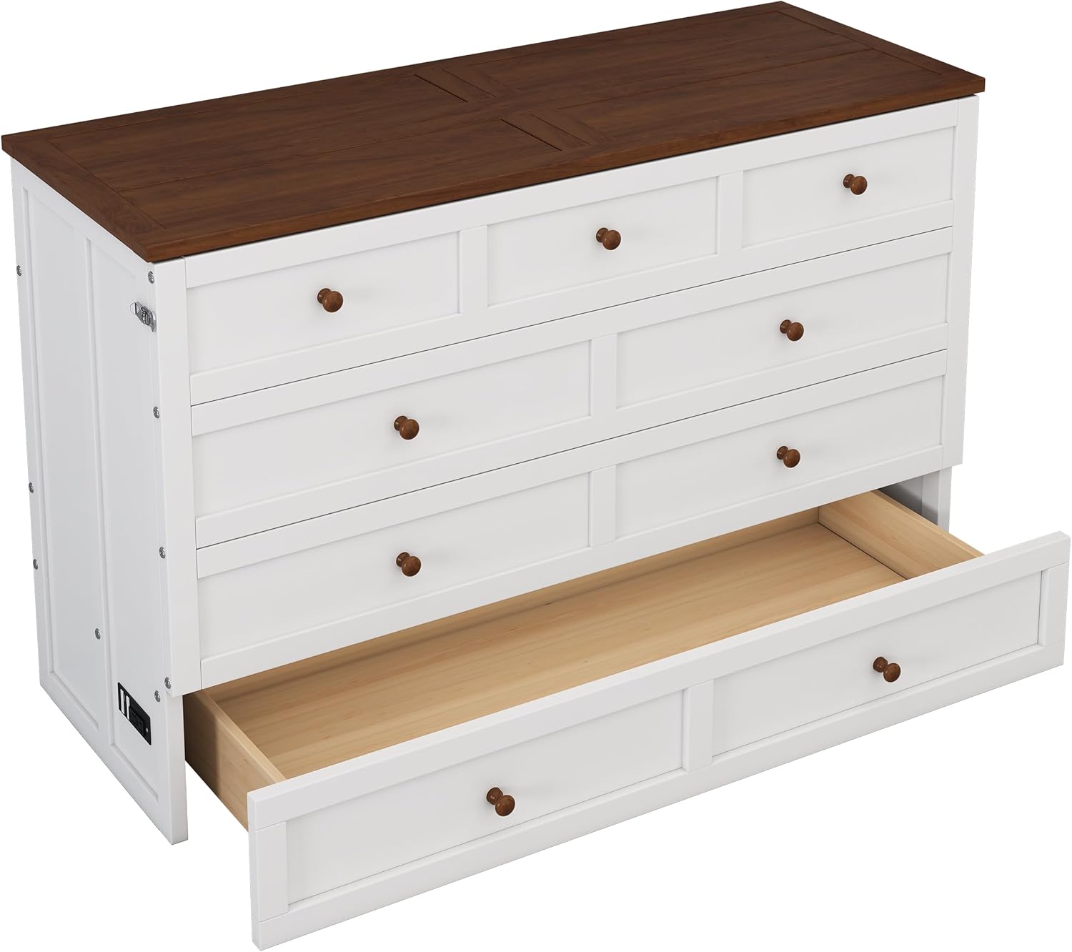 White Walnut Wood Queen Murphy Bed with Storage Drawers M753