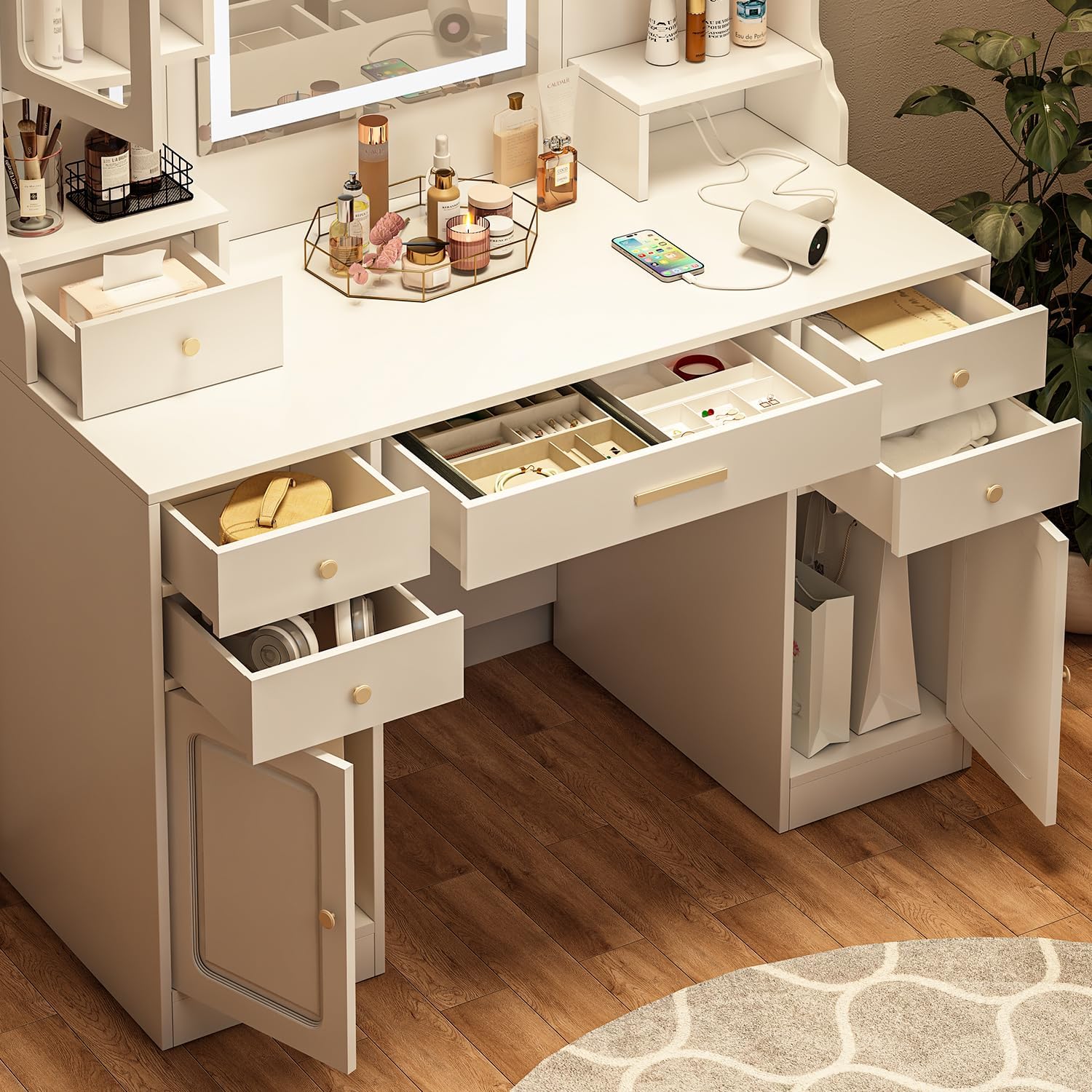 White Vanity Desk with LED Lighted Mirror and 11 Drawers Z815935