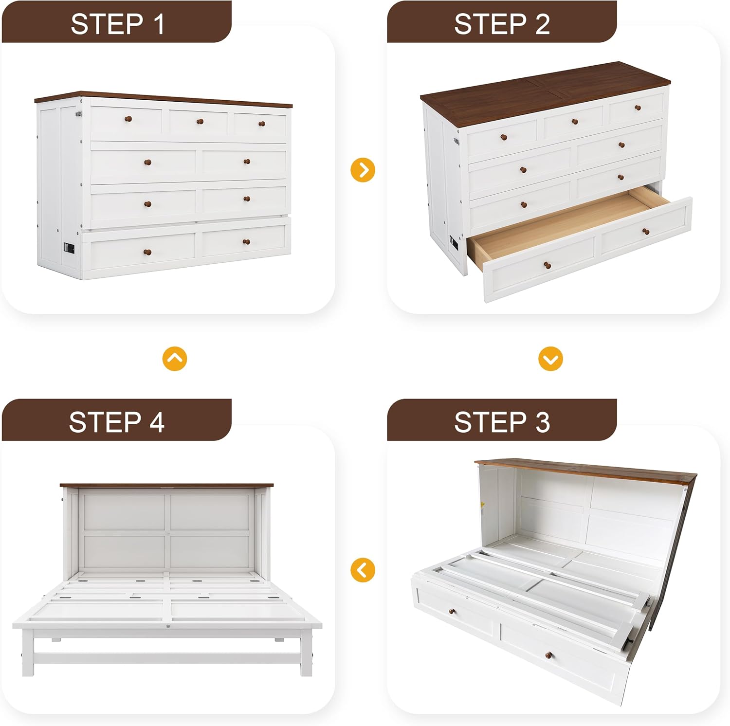 White Walnut Wood Queen Murphy Bed with Storage Drawers M753