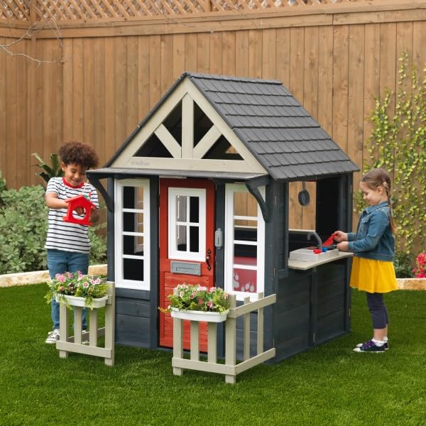 Wooden Playhouse with Working Doorbell, Fence, Kitchen and Pet Door M721348