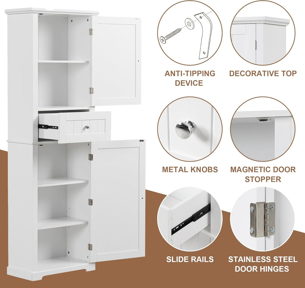 White Tall Linen Bathroom Storage Cabinet with 2 Doors and 1 Drawer L846932