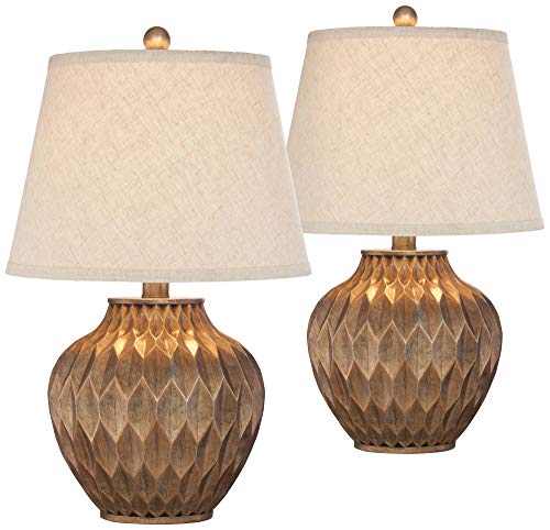 22" High Warm Bronze Brown Fabric Drum Shade Accent Table Lamp N700