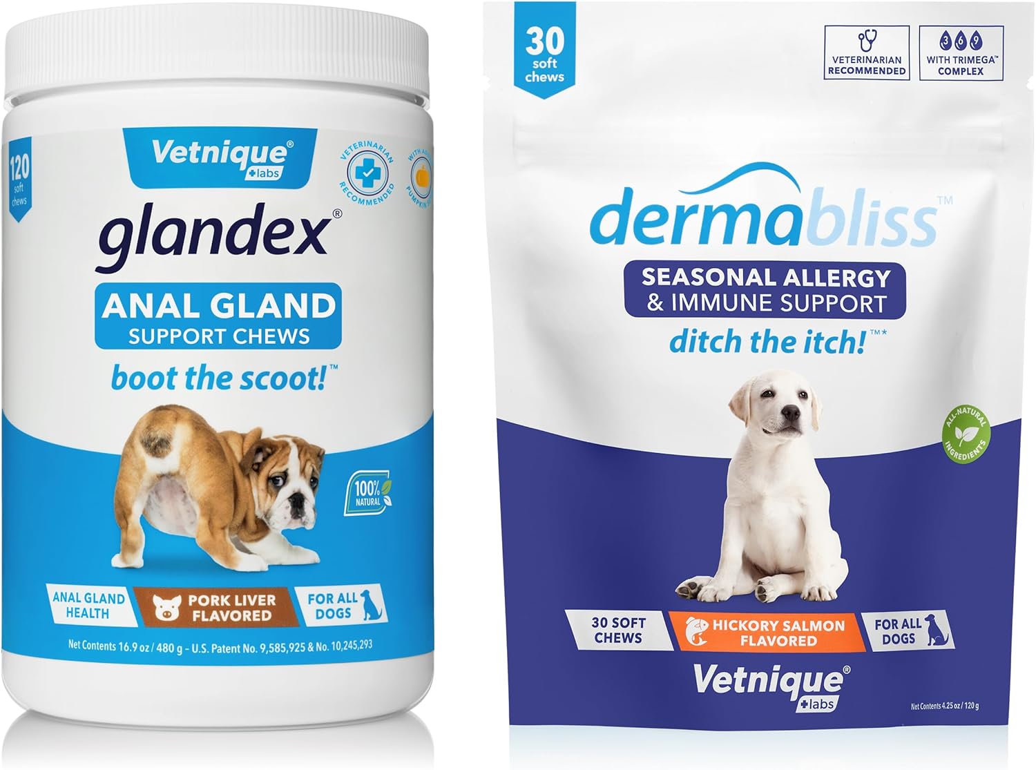 Anal Gland Support Chews 120ct Pork Liver and Allergy Chews 30ct Hickory Salmon Dog Vitamins and Supplements Bundle G884493