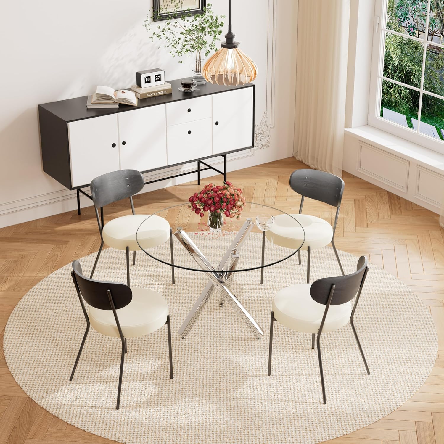 5 Pcs Round Glass Dining Table Set with Beige Faux Leather Chairs R919300