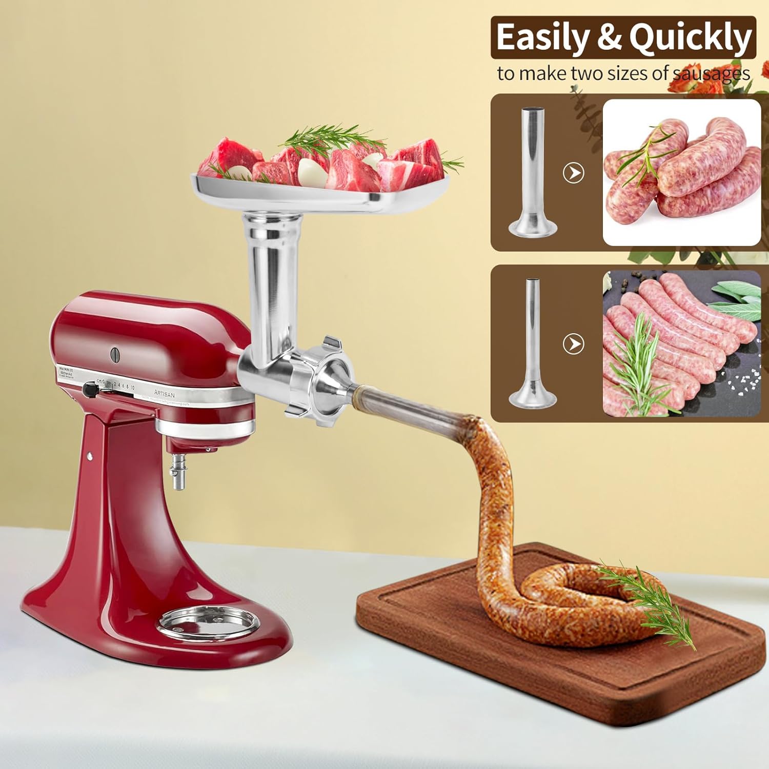 Metal Meat Grinder Attachment for KitchenAid Stand Mixer with 3 Sausage Stuffer Tubes M156408