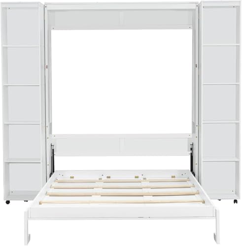 Wood White Queen Murphy Bed with Storage Shelves L259