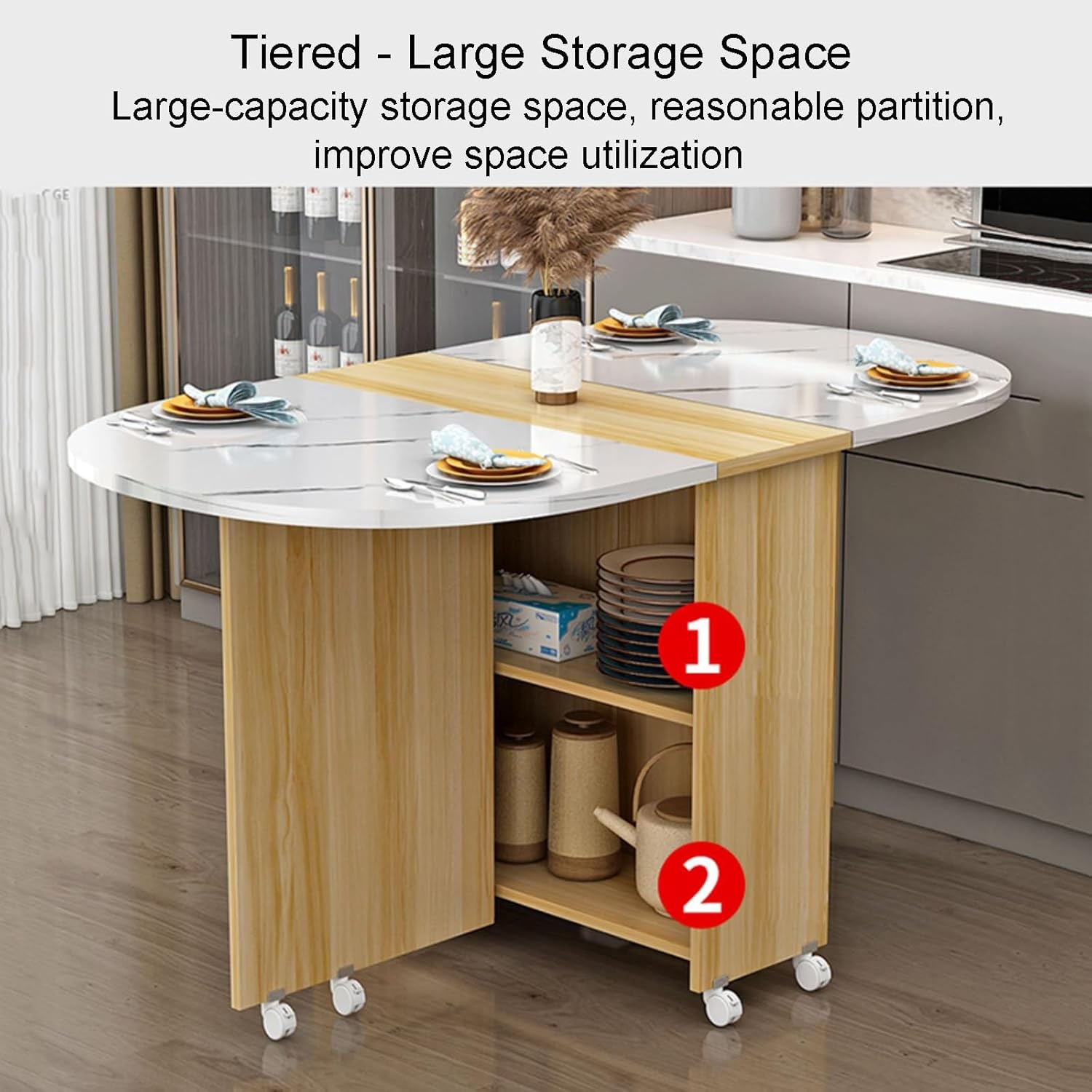 Extendable Drop Leaf Folding Dining Table with 8 Wheels and 2-Layer Storage Shelf G564