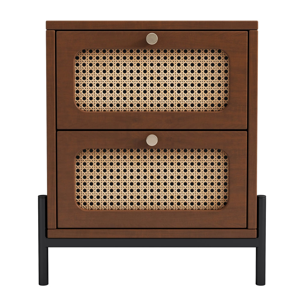 Walnut Rattan Wood 2-Drawer Side Table C290