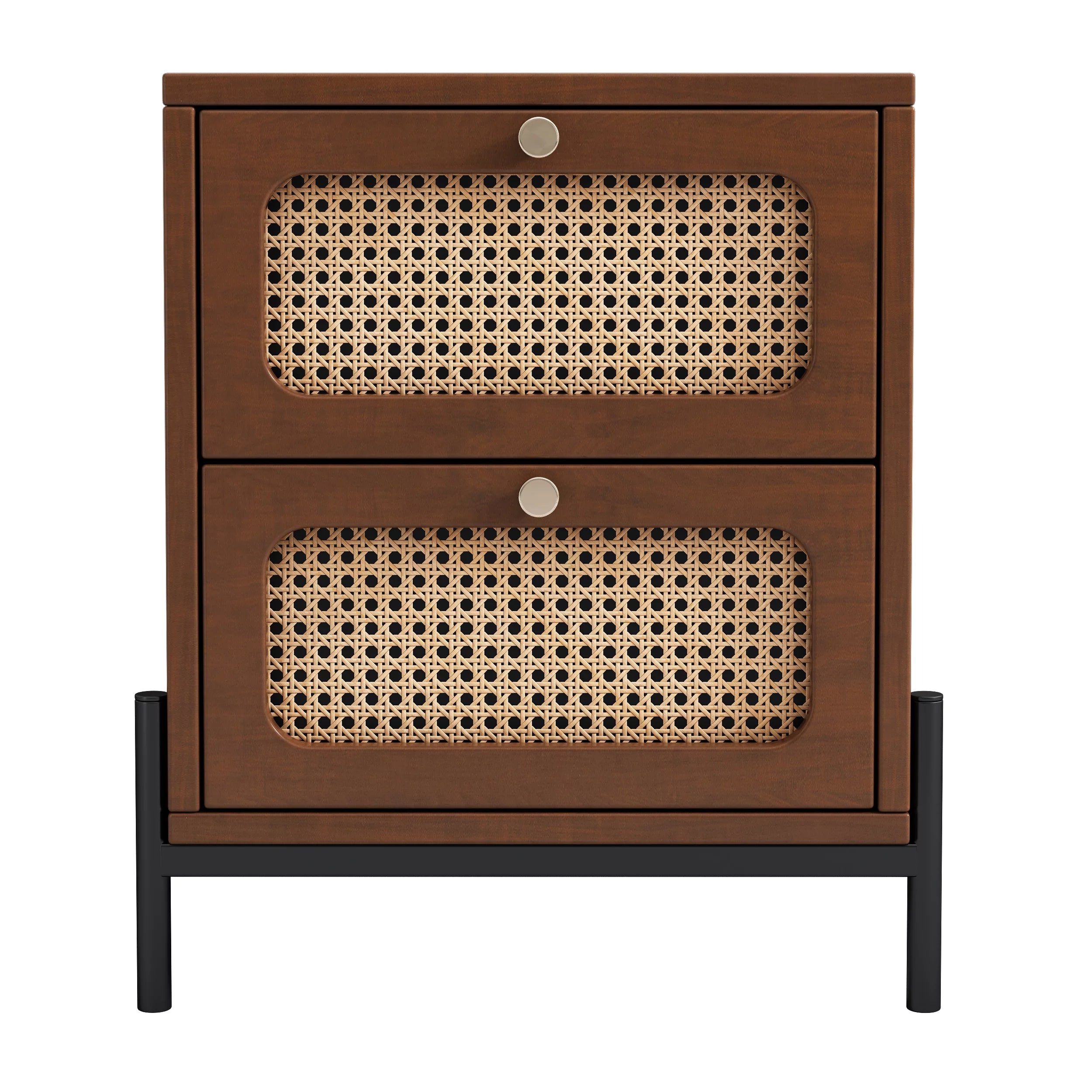 Walnut Rattan Wood 2-Drawer Side Table C290