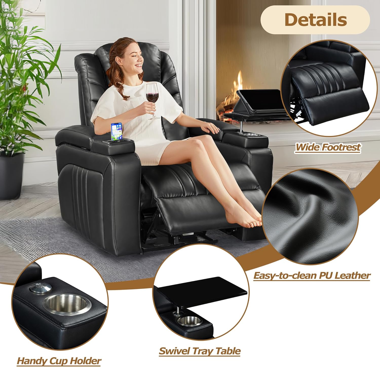 Black PU Leather Power Recliner with USB Port V2673