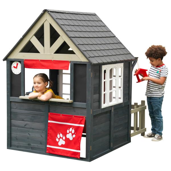 Wooden Playhouse with Working Doorbell, Fence, Kitchen and Pet Door M721348