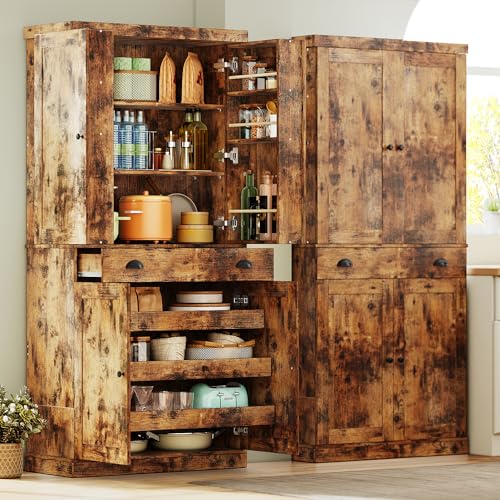 White 72" Tall Kitchen Pantry Cabinet with Sliding Storage Rack and 6 Hanging Shelves E202852