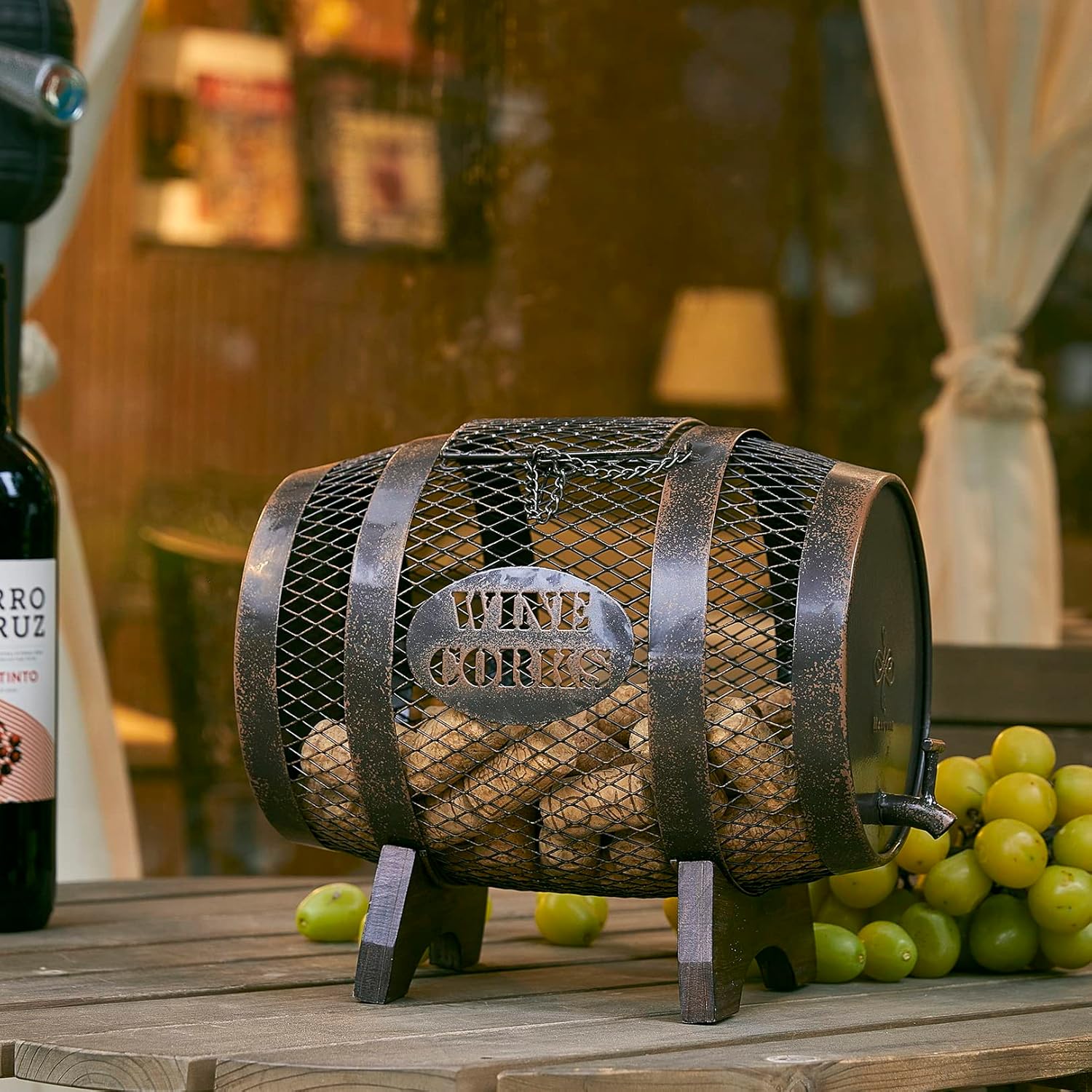 Rustic Metal Large Barrel Wine Cork Holder Display On Wooden Stand L42063