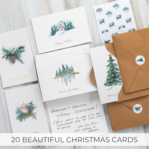 Christmas Cards Set of 20 with Watercolor Designs, Envelopes, Stickers, Storage Box Q19134