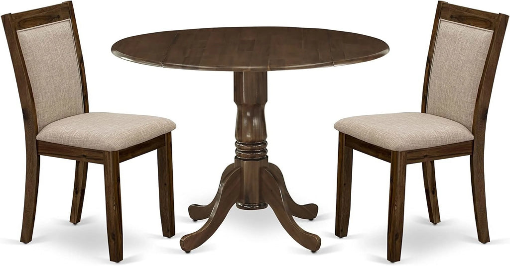 3 Piece Dinette Set with Round Table with Dropleaf and 2 Light Tan Linen Fabric Parsons Dining Chairs P438
