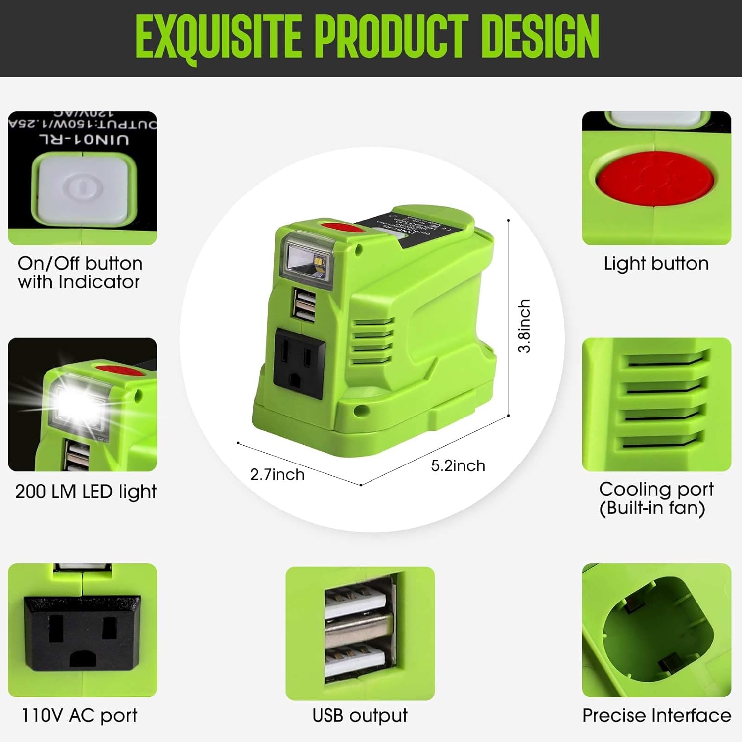 150W Power Inverter for 18V Battery with 2 USB, LED Light, AC Outlet T1771