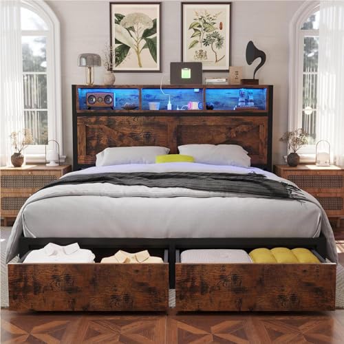 Full Size Bed Frame with Storage Bookcase Headboard and Drawers, RGB LED Lights, Vintage Brown I68269