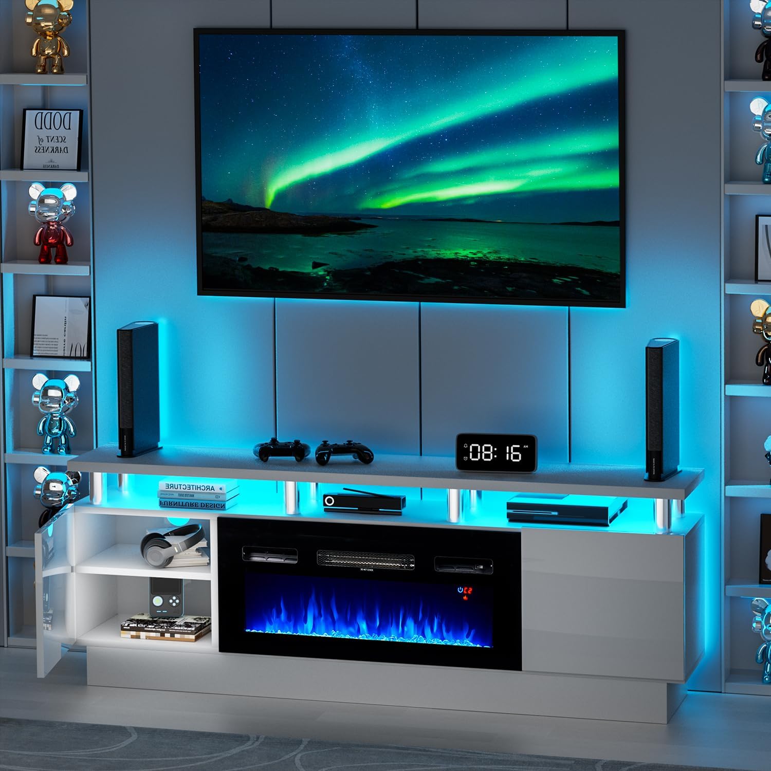 White 2 Tier Electric Fireplace TV Stand B43550