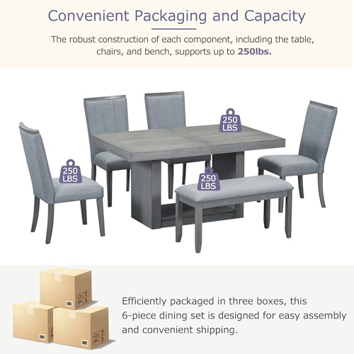 6-piece Dining Table Set of 4 Upholstered Chairs & 1 Bench with 78inch Extendable Pedestal, Beige X9471