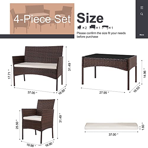 Black 4 Piece Wicker Patio Furniture Set with Tempered Glass Coffee Table Y700710