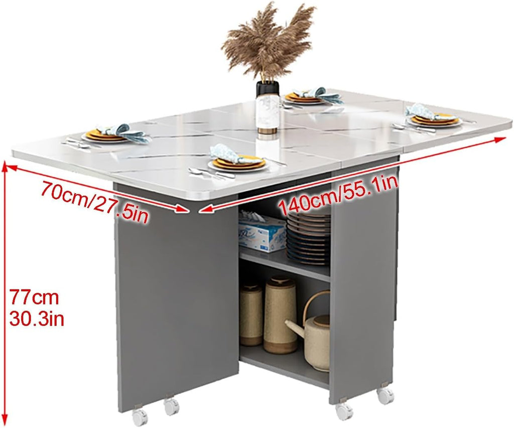 Extendable Drop Leaf Folding Dining Table with 8 Wheels and 2-Layer Storage Shelf G564