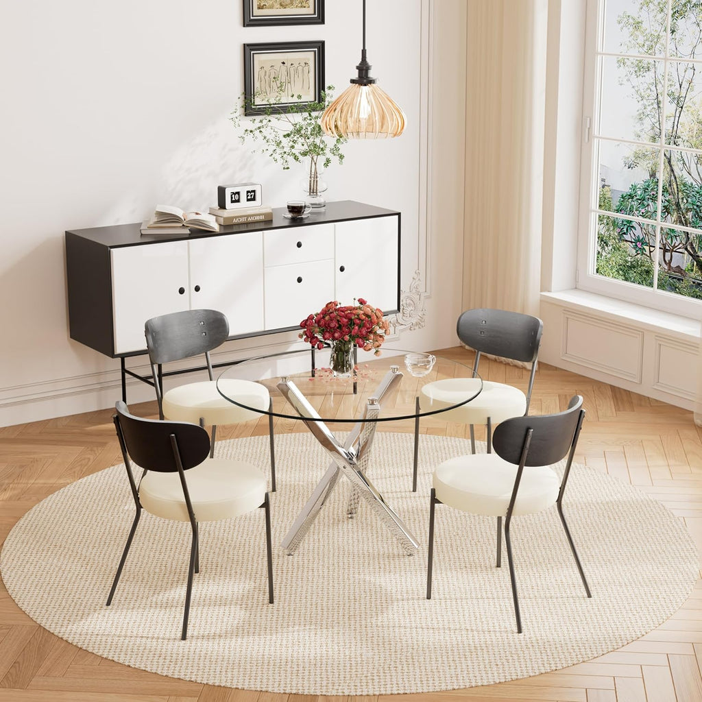 5 Pcs Round Glass Dining Table Set with Beige Faux Leather Chairs R919300