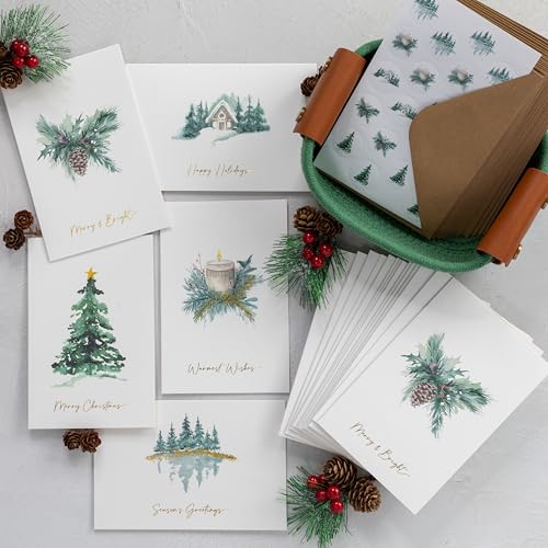 Christmas Cards Set of 20 with Watercolor Designs, Envelopes, Stickers, Storage Box Q19134