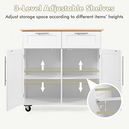 White Rolling Kitchen Island Cart with Storage and Lockable Wheels L1946