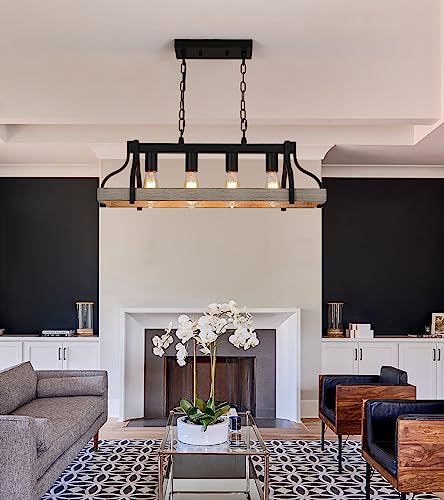 Black and Retro Wood Finish 4-Light Linear Chandelier B39300