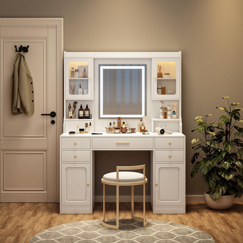 White Vanity Desk with LED Lighted Mirror and 11 Drawers Z815935
