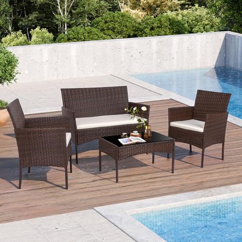 Black 4 Piece Wicker Patio Furniture Set with Tempered Glass Coffee Table Y700710