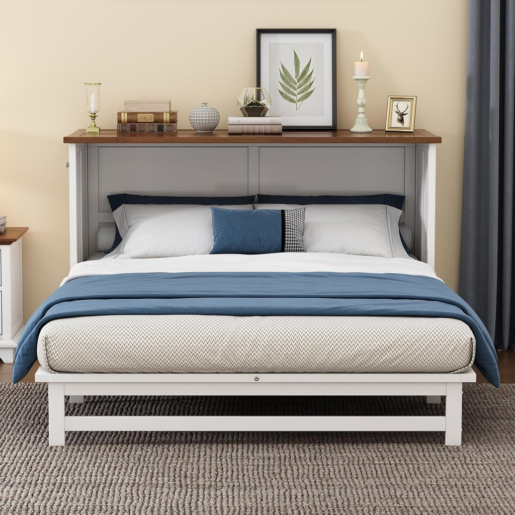 White Walnut Wood Queen Murphy Bed with Storage Drawers M753